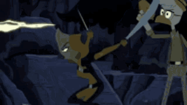a cartoon character is being struck by a lightning bolt while standing on a rock .