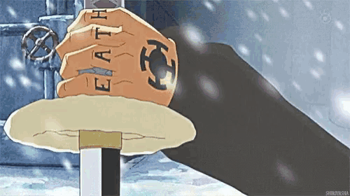 a person holding a sword with a tattoo on their hand that says death