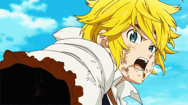 a yellow haired anime character with green eyes and a white shirt