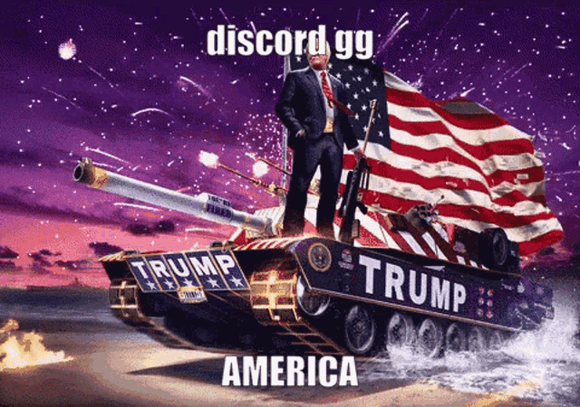 a man in a suit stands on a trump tank