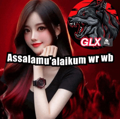 a girl wearing a watch is standing in front of a wolf logo that says glx