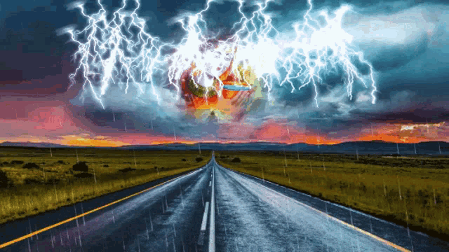 a painting of a road with lightning and rain on it