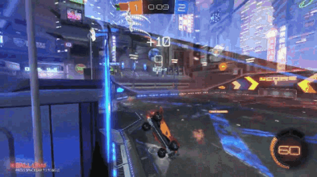 a rocket league game is being played with a score of 9 to 2