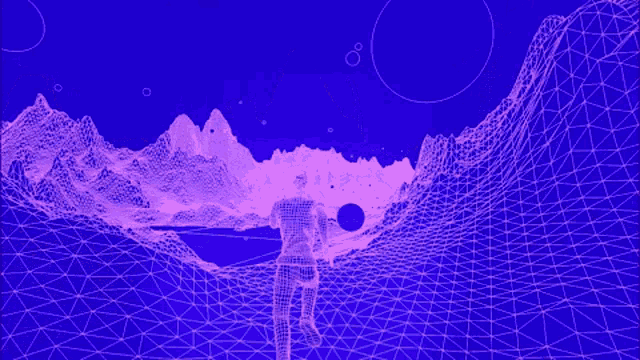 a computer generated image of a person standing in front of a purple background