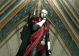 a man in a red coat is standing in front of a ceiling in a room holding a gun .