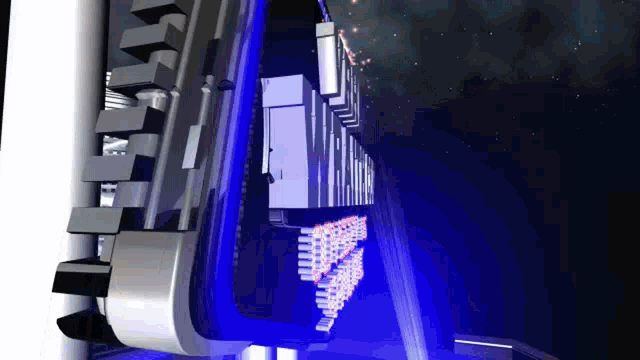 a computer generated image of a building with a blue light shining on it
