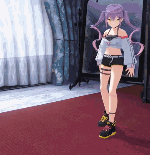 a girl with purple hair is standing in a room