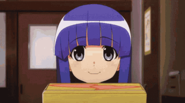 a cartoon girl with blue hair is holding a box