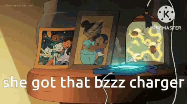 a cartoon scene with the words she got that bzz charger on it
