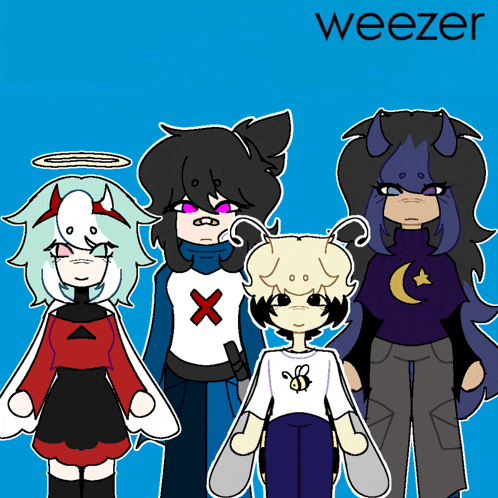 a drawing of a weezer band with a blue background