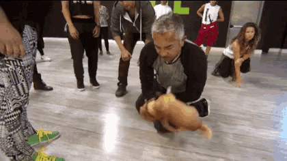 a group of people are dancing in a dance studio with a man kneeling down holding a small dog .