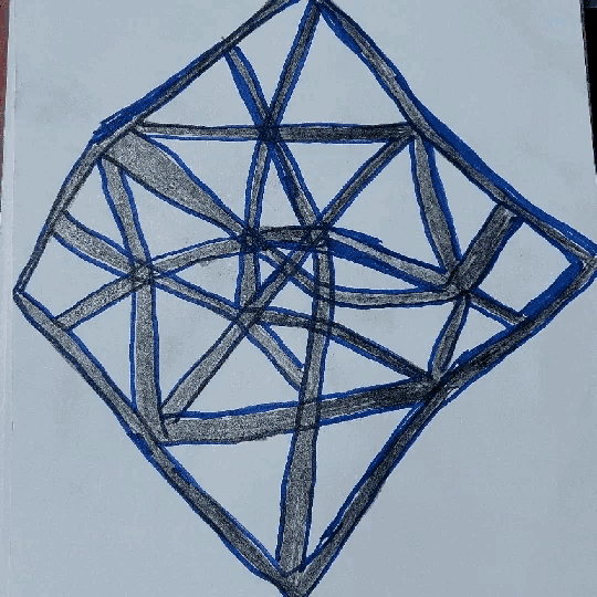 a child 's drawing of a pink and blue geometric shape