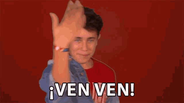 a young man is giving a high five with the words ven ven written below him