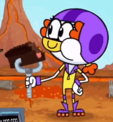 a cartoon character is wearing a purple helmet and holding a shovel in her hand .