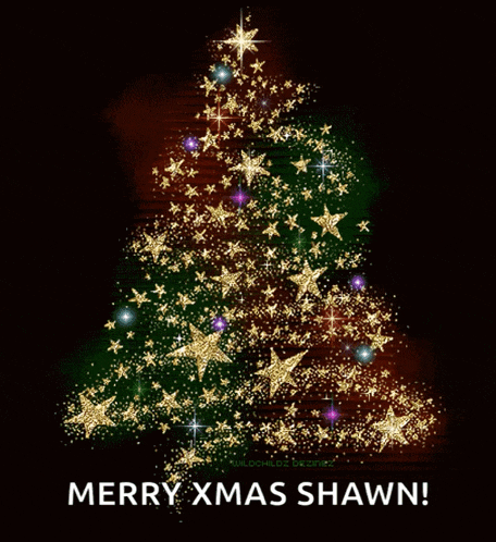 a merry xmas shawn greeting card with a christmas tree made of gold stars
