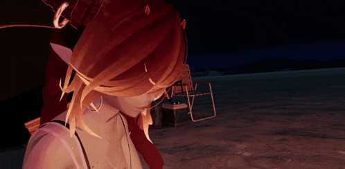 a computer generated image of a woman sitting on a beach