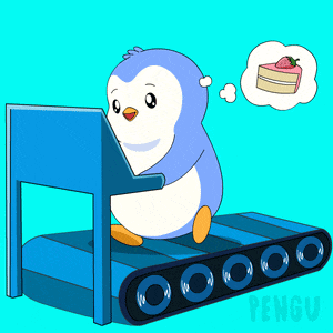 a penguin is running on a treadmill with a thought bubble of a slice of cake