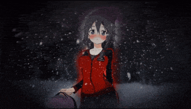 a girl wearing a red jacket that says ' tokyo underground ' on it
