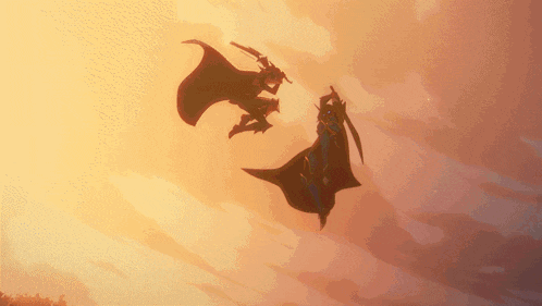 a silhouette of a person flying through the air with a sword
