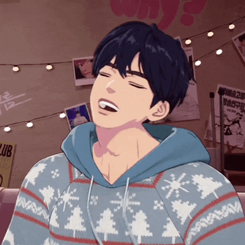 a cartoon of a boy wearing a blue sweater with snowflakes