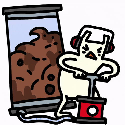 a cartoon drawing of a man wearing headphones pumping a red box