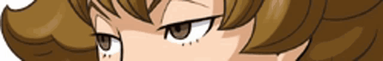 a close up of a cartoon character 's eyes with brown hair