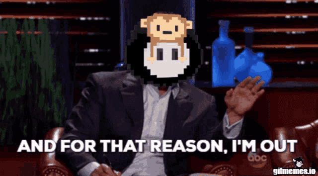 a man in a suit says " and for that reason i 'm out " while sitting on a couch