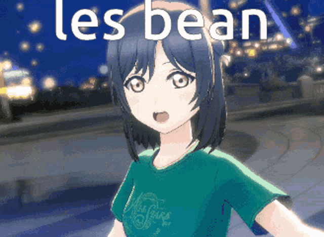 a girl in a green t-shirt is standing in front of a sign that says " les bean "