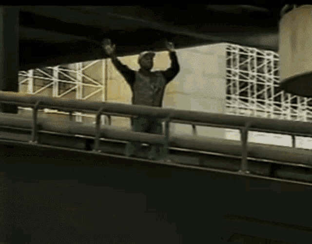 a man standing on a railing with his hands in the air