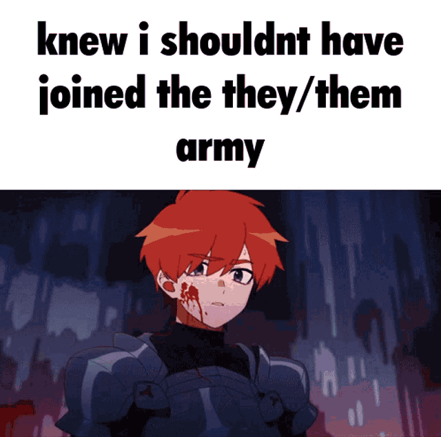 a picture of a boy with blood on his face and the words " knew i shouldn t have joined the they them army "