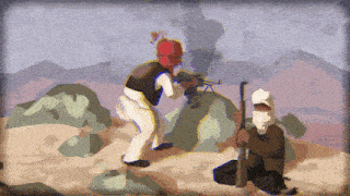 a painting of a man holding a gun and another man kneeling down holding a gun