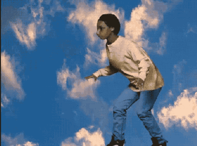 a pixelated image of a person pointing to the sky