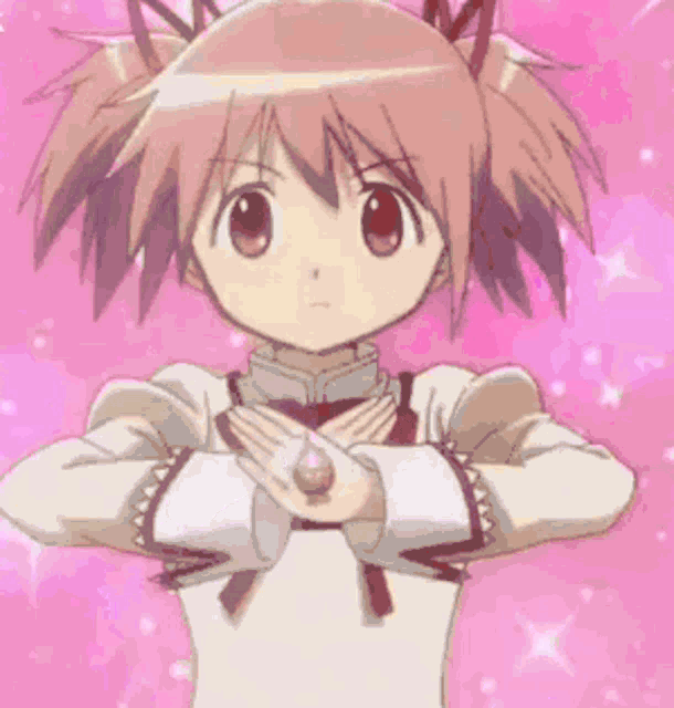 a girl with purple hair and red eyes is holding a glowing object in her hands