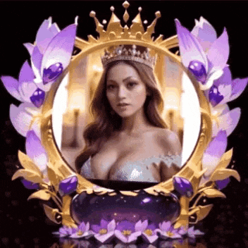a woman is wearing a crown in a gold frame with purple flowers .