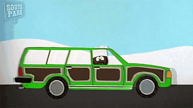 a cartoon drawing of a green car with a south park sign behind it