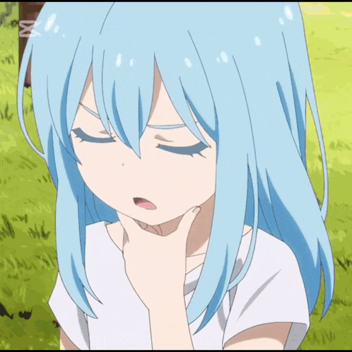 a girl with blue hair and a white shirt has her eyes closed and her hand on her chin