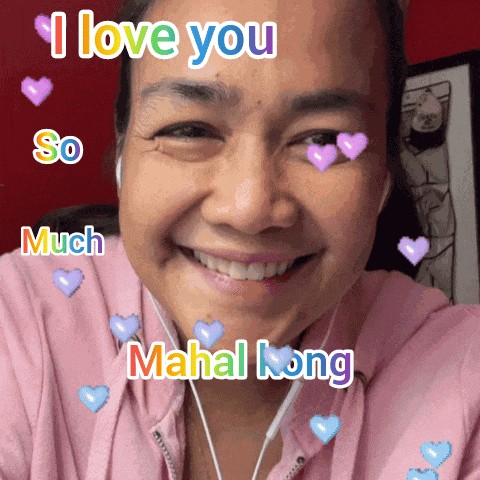 a woman wearing headphones is smiling with the words i love you so much mahal kong
