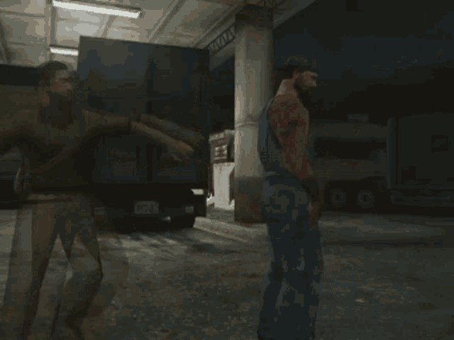 a man in overalls is fighting another man in front of a truck that has the word delivery on it