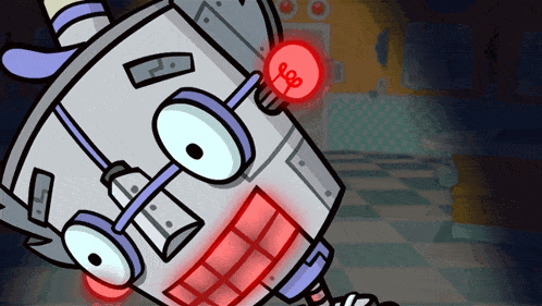 a cartoon drawing of a robot with a red light on its face