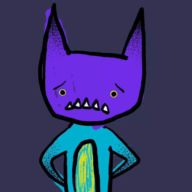 a drawing of a purple cat with a blue shirt on