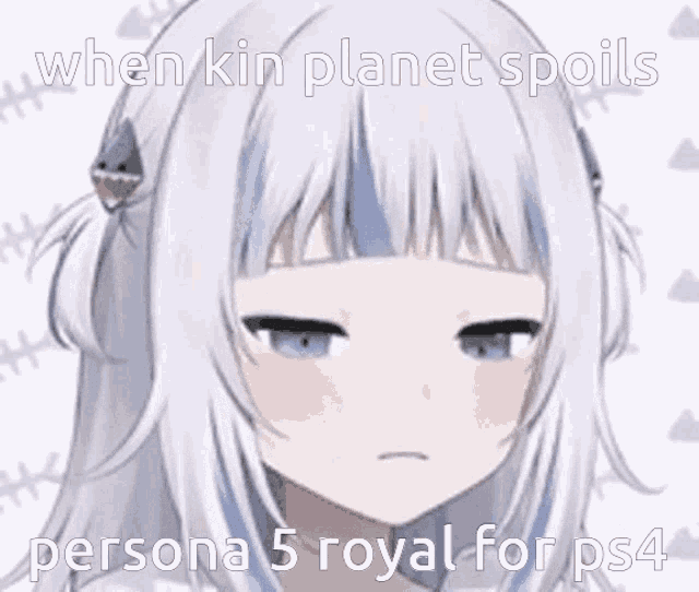a girl with white hair and blue eyes is making a funny face while playing persona 5 royal for ps4 .