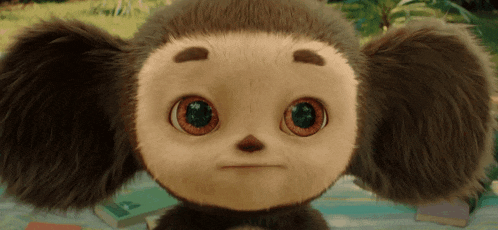 a close up of a stuffed animal with a serious look on its face