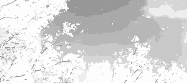 a black and white drawing of a tree with flowers against a cloudy sky
