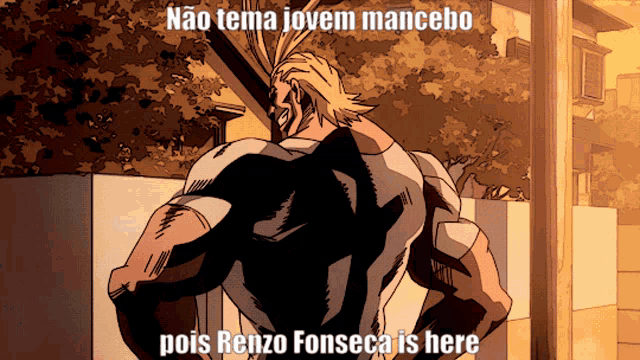 a cartoon of a man with the words pois renzo fonseca is here underneath him