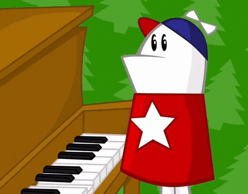 a cartoon character is playing a piano with the number 66 on his head