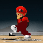 a cartoon character wearing a red hat with a letter e on it