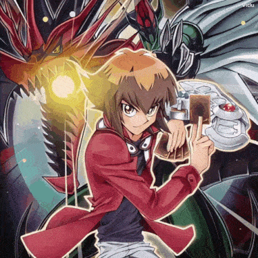 a boy in a red jacket is holding a deck of cards in front of a dragon with the word vidu at the bottom