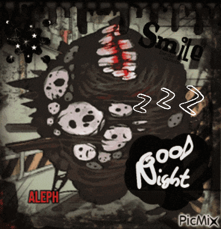 a picture of a monster with the words " smile good night " on it
