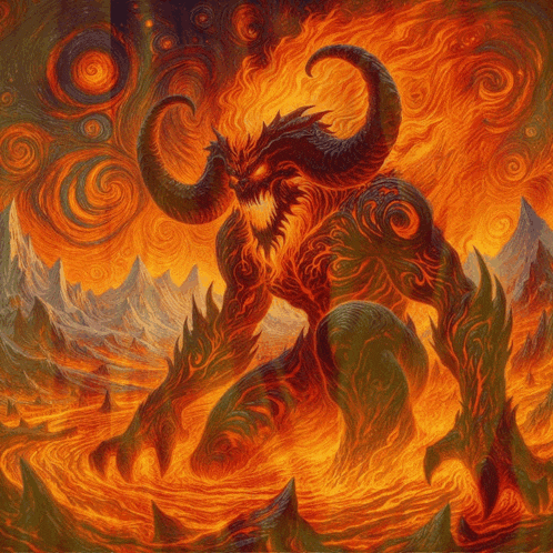 a painting of a demon with horns surrounded by flames and swirls