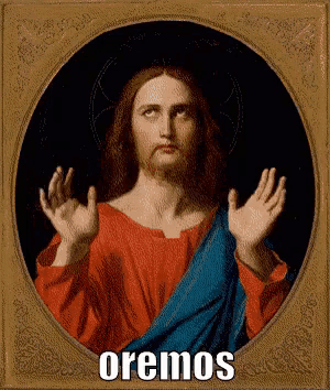 a painting of jesus with the words " oremos " underneath him